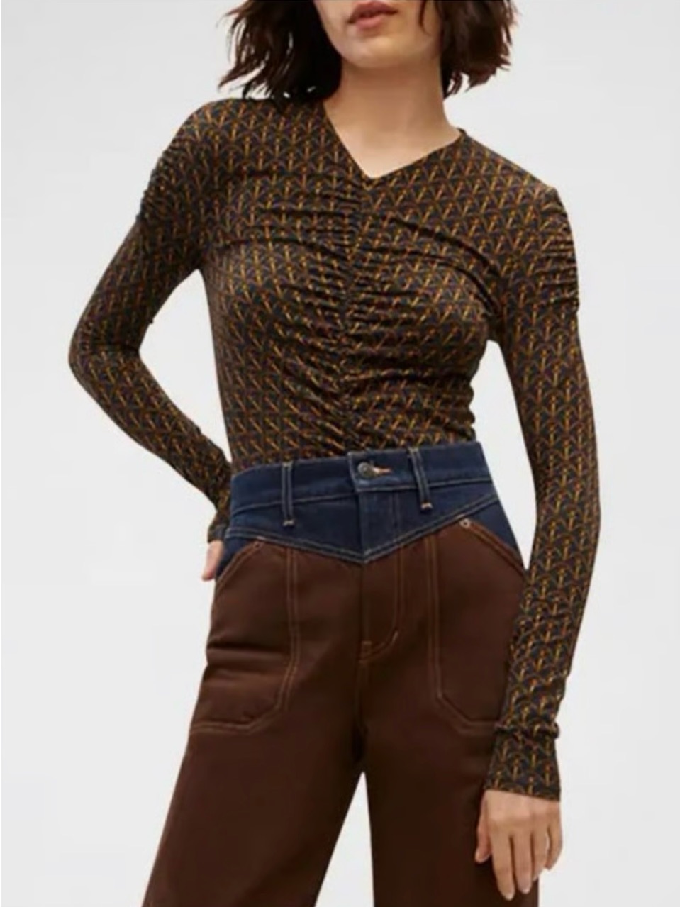Veronica Beard Neeta Monogram Long-Sleeve V-Neck Ruched Print Top - Brown/Black
